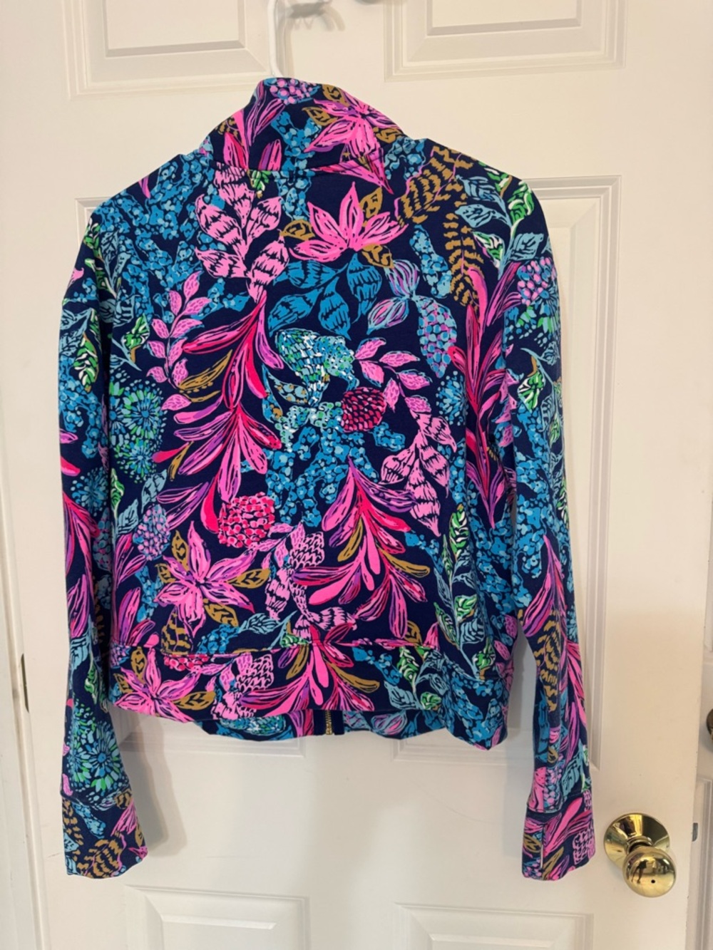 Lilly Pulitzer Navy Floral Zip Bomber Jacket with Pink & Teal Accents - Picture 2 of 4